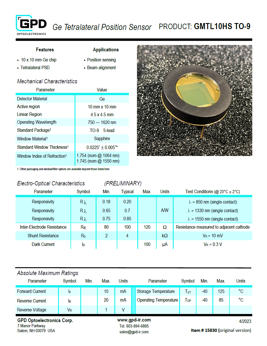 Tetralateral Photodiode GMTL10HS Datasheet Graphic