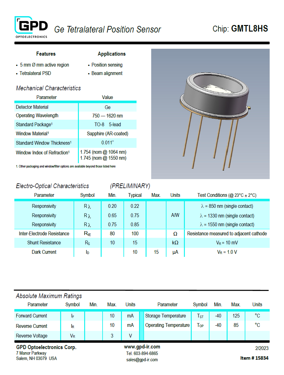 etralateral Photodiode GMTL8HS Datasheet Graphic
